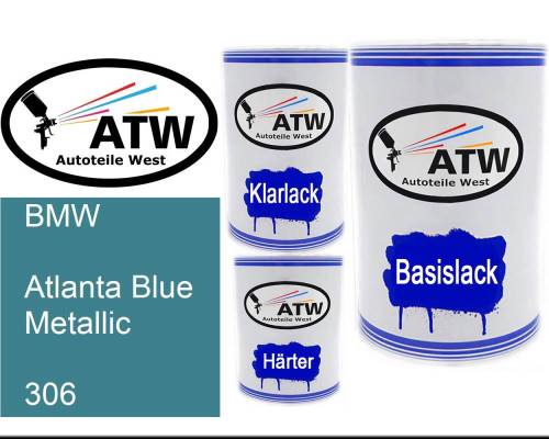 BMW, Atlanta Blue Metallic, 306: 500ml Lackdose + 500ml Klarlack + 250ml Härter - Set, von ATW Autoteile West.